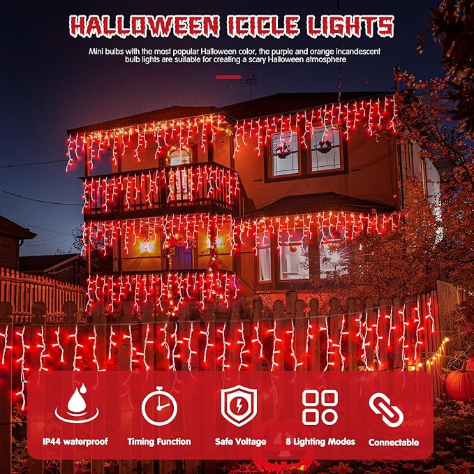JMEXSUSS 400 LED Red Icicle Lights for Halloween Decor, Connectable Red Halloween Lights Indoor Outdoor with Remote, Christmas Light for Room Fireplace Christmas Decorations