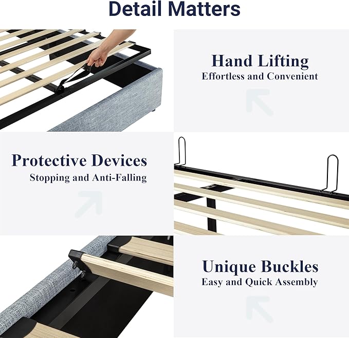 Allewie King Size Lift Up Storage Bed, Modern Wingback Headboard, Hydraulic Support, No Box Spring Needed, Grey Blue