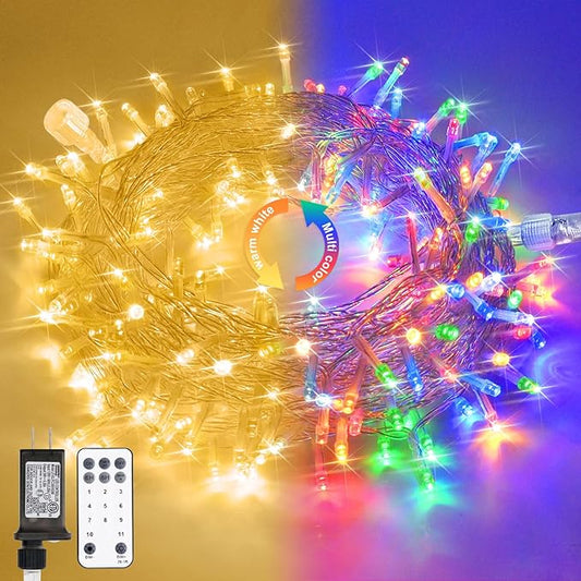 JMEXSUSS 33ft 100 LED Color Changing String Lights Plug in, Warm White & Multicolor Christmas Tree Lights Indoor, Christmas String Lights Outdoor Waterproof for Xmas Indoor Decor