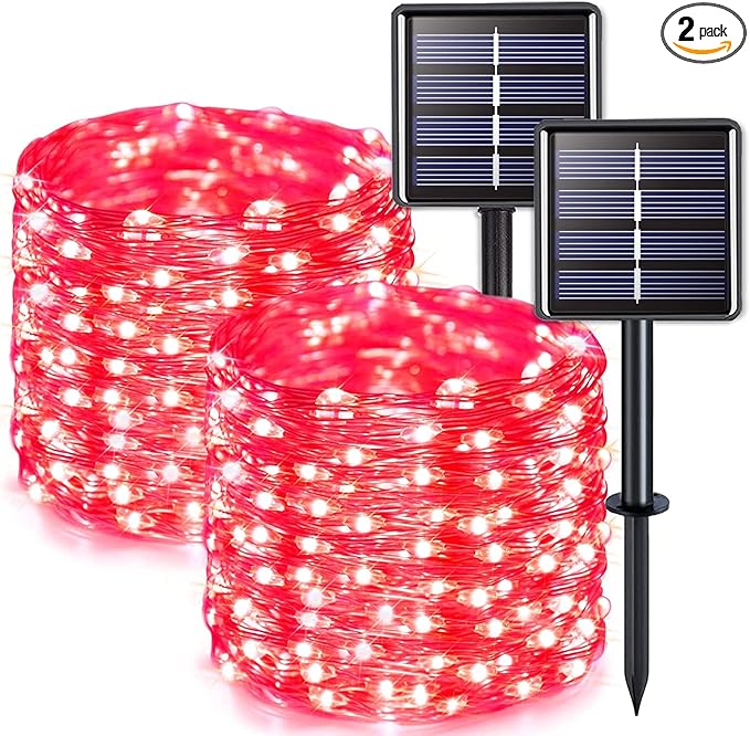 JMEXSUSS 2 Pack Red Solar Lights Outdoor Waterproof, Each 33FT 100 LED Red Halloween Lights, Solar Fairy String Light for Outside Tree Party Patio Christmas Halloween Decorations