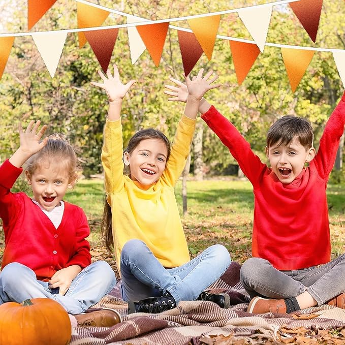 MARFOREVER 30 Pcs Fall Banner Decorations 28 Ft Orange Gold Brown Triangle Flag Fabric Bunting for Happy Fall Decor Thanksgiving Day Harvest Autumn Wedding Birthday Party Garden Outdoor Decoration