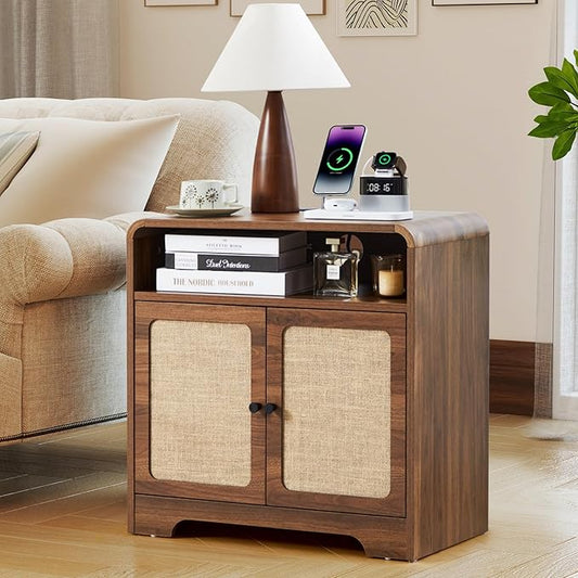 24" Large Side Table with Charging Station, Mid Century Modern End Table with USB/Type-C Ports, Curved Wood Nightstand with Storage & Natural Linen, Couch Side Table for Living Room Bedroom, Walnut