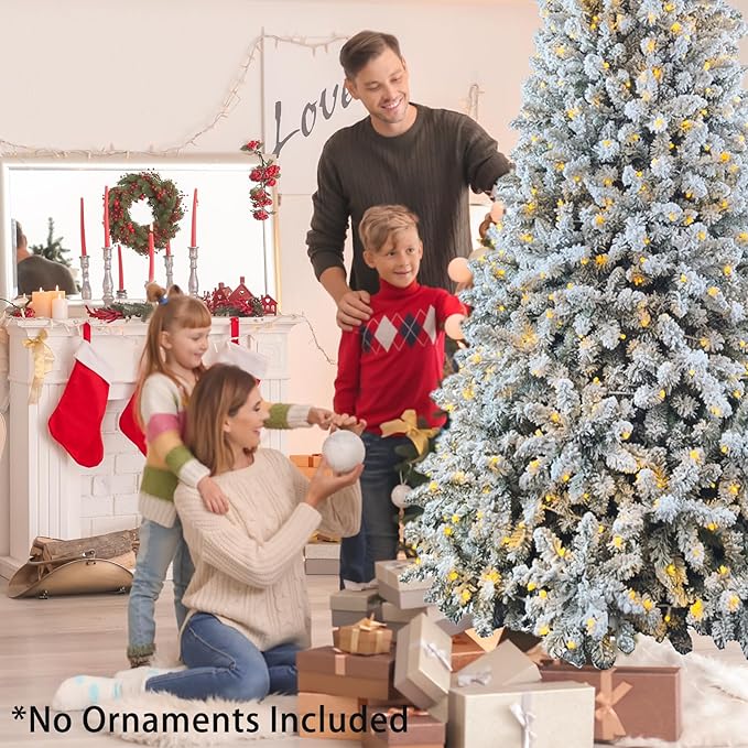 7.5ft Pre-lit Artificial Snow Flocked Christmas Tree with Quick Power Connect, 798 Warm White & Multi-Color LED Lights, and 1869 Branch Tips – Easy 3-Minute Setup Pencil Xmas Tree