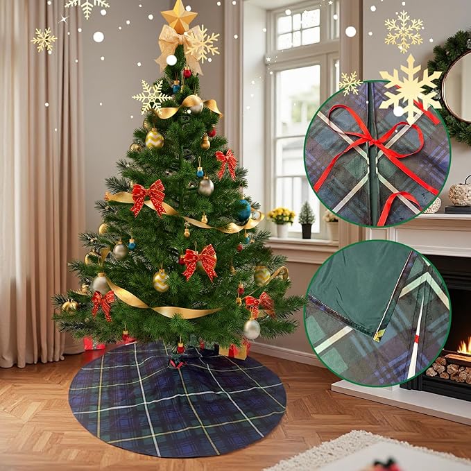 Christmas Tree Skirt 36 Inch – Campbell Clan Tartan Navy Blue and Green Plaid Tree mat for 4–6 FT Xmas Trees, Classic Scottish Holiday Decor for Farmhouse, Home, Office, Indoor or Outdoor