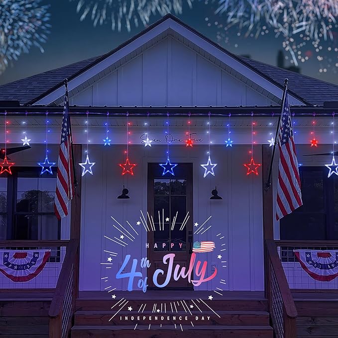 4th of July Patriotic Star Icicle Lights,8.2ft 126LED red White and Blue Curtain String Waterproof, 8 Modes with Timer Connectable Independence Day Decorations Window Lights for Outdoor Indoor