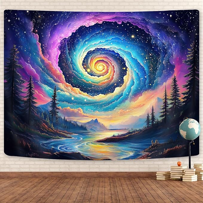 Galaxy Space Tapestry, Cool Colorful Trippy Forest Mountain River Aesthetic Tapestries, Psychedelic Starry Sky Swirls Misty Fantasy Landscape Tapestry Wall Hanging College Bedroom for Guys Men 80X60