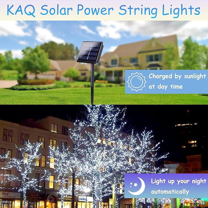 Solar String Lights Outdoor Waterproof 2PK 200LED 66FT Twinkle Lights Auto On/Off Solar Powered LED Fairy Light Green Wire with 8 Modes for Christmas Tree Party Wedding Garden Decoration (Cool White)