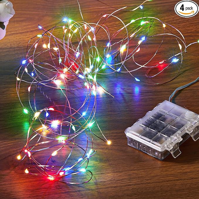 4 Pack 16.4 Ft. Battery Operated Outdoor String Lights with Remote & Timer, LED Multi Color Fairy Lights, Waterproof Twinkle Lights for Bedroom, Dorm, Mason Jar, Wedding, Party, Christmas