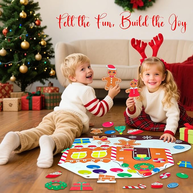 Felt Gingerbread House with Detachable Felt Christmas Ornaments, Festive Gingerbread Man Woman Story Board for Wall, DIY Montessori Activities for Little One Craft Kit Xmas Decor Party Favor