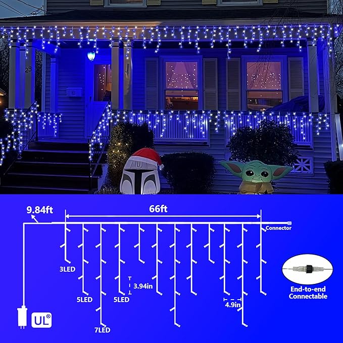 800 LED Icicle Lights Blue and White