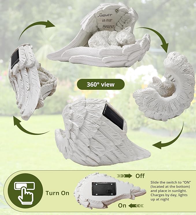 Pet Cat Solar Garden Memorial Statue – Outdoor Resin Angel Kitty with Solar Light, Guardian Angel Kitten Memorial Gift for Patio, Lawn, Yard, or Garden Decor