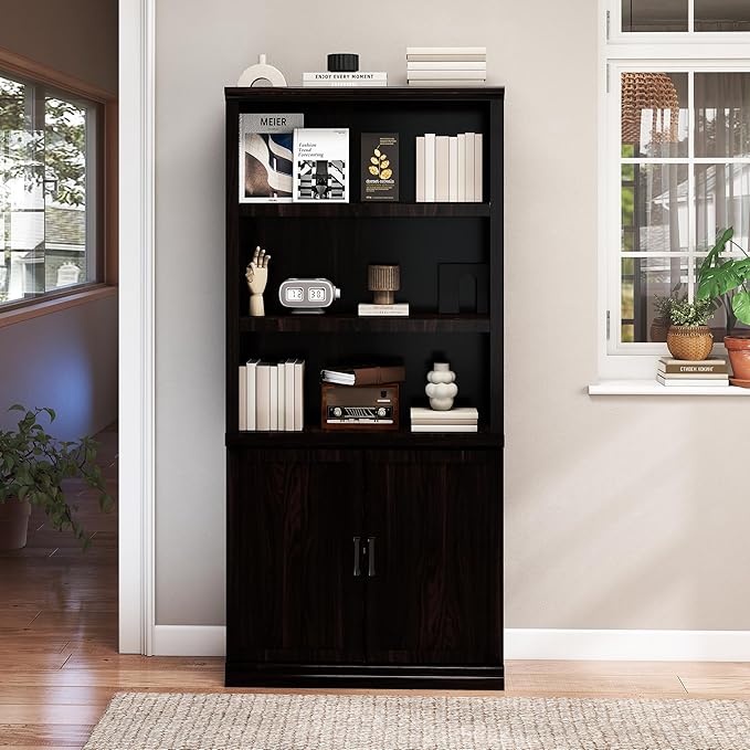 70 Inch Tall Bookcase with Doors, Library Office Bookshelf with Adjustable Shelves, Floor Standing Storage Cabinet for Bedroom Living Room Organizer with Anti Tipping Kit, Dark Cherry Finish