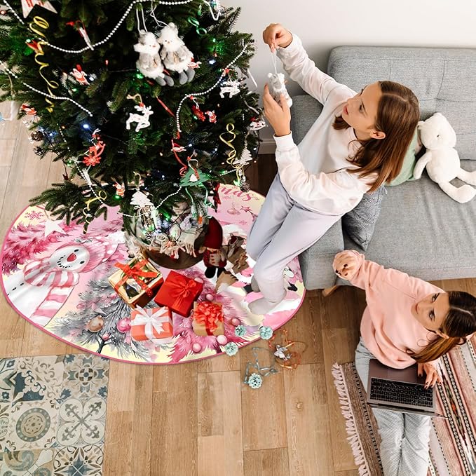 Pink Christmas Tree Skirt 48 Inch Pink Christmas Decorations Merry Christmas Santa Snowman Tree Skirt Mat Christmas Tree Decorations for Xmas Holiday Party Indoor Outdoor
