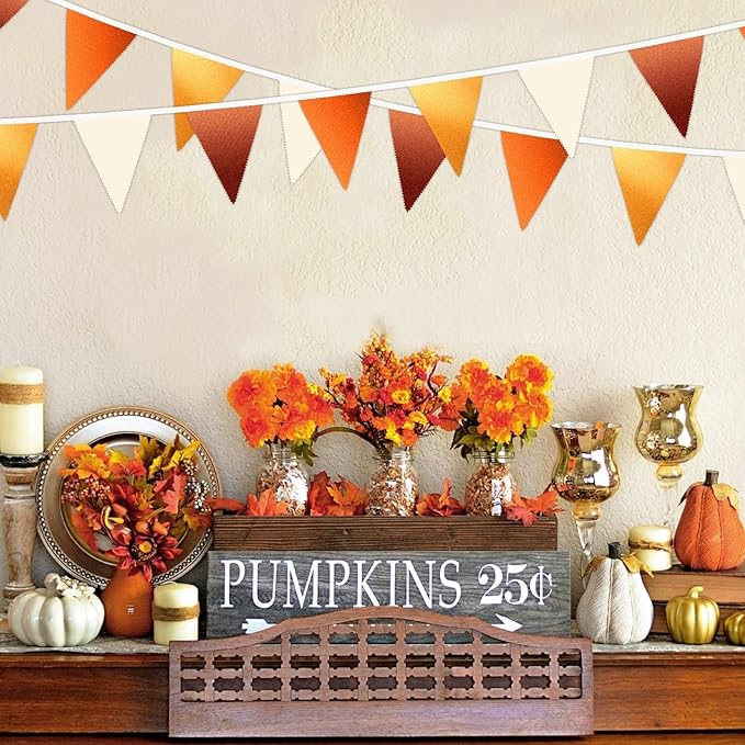 MARFOREVER 30 Pcs Fall Banner Decorations 28 Ft Orange Gold Brown Triangle Flag Fabric Bunting for Happy Fall Decor Thanksgiving Day Harvest Autumn Wedding Birthday Party Garden Outdoor Decoration