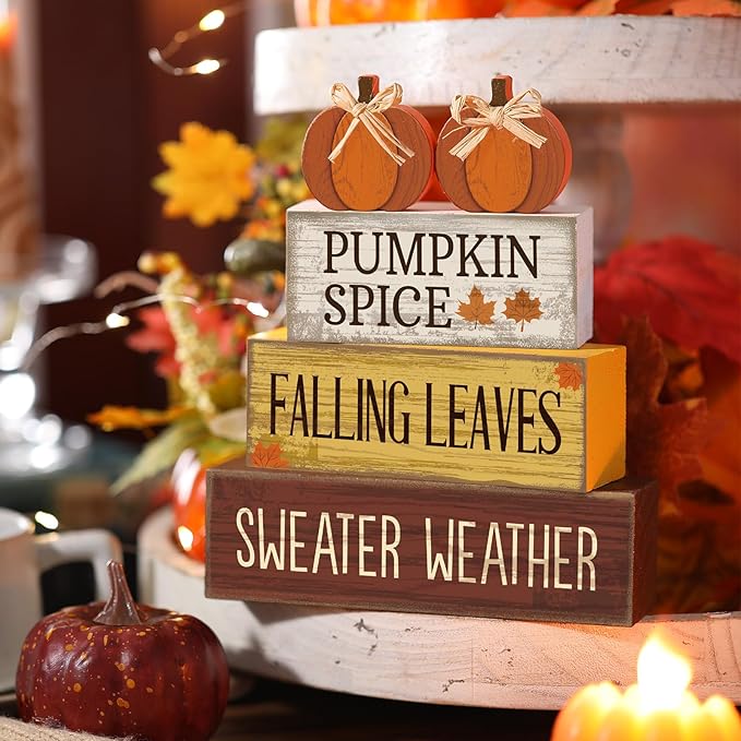 4 Pcs Fall Pumpkin Decor Fall Table Decoration Thanksgiving Tiered Tray Decor Thanksgiving Centerpiece Rustic Decorative Pumpkin Block Sign Gift Farmhouse Autumn Table Sign for Home Kitche