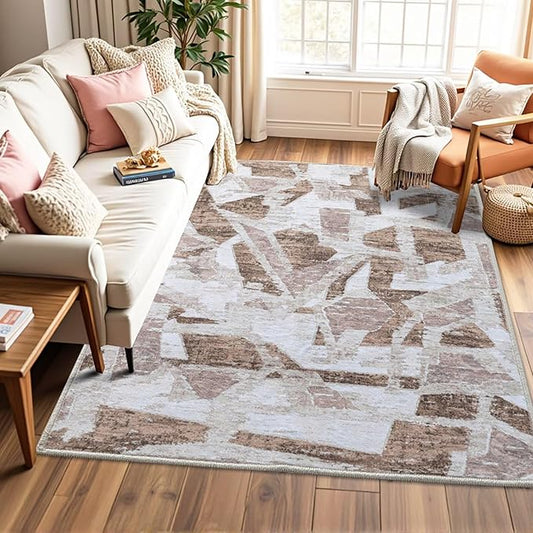 Modern Abstract 5X7 Area Rug for Living Room Bedroom Washable, with Non-Slip Rubber Backing Print Faux Wool Thin, Brown Throw Large Carpet for Kids Playroom Dining Room Pet & Child Friendly