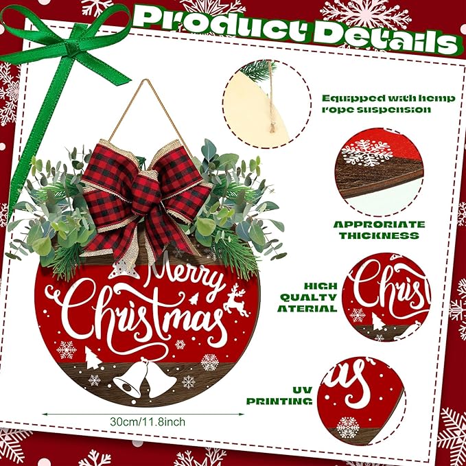 Boao Welcome Door Decoration christmas front door sign red merry christmas Snowflake Wooden Door Hanger with bow Wreaths for Christmas Outdoor Farmhouse Porch Front Door Decor