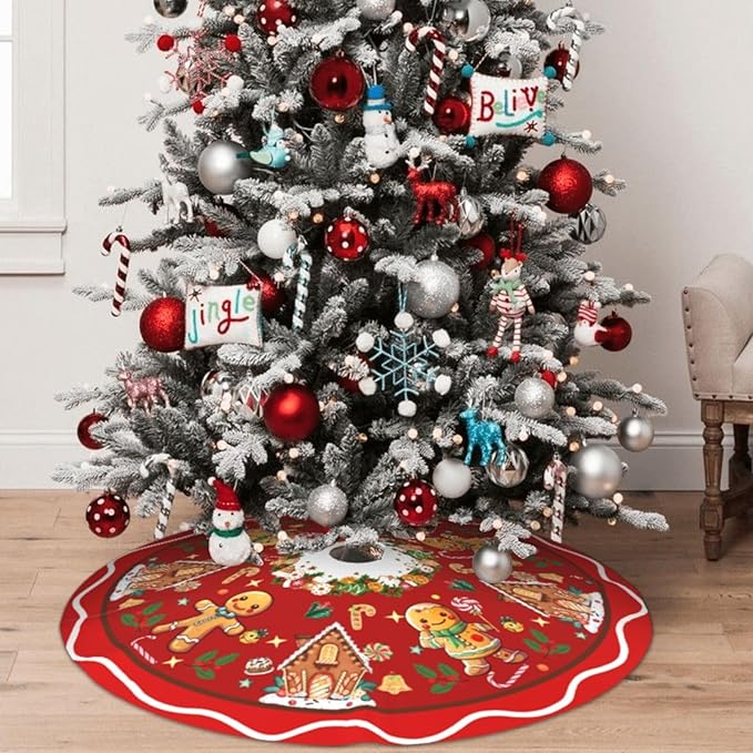 Gingerbread Man Candy Christmas Tree Skirt Xmas Tree Mat Christmas Tree Ornaments Decorations Holiday Party Indoor Outdoor 48"
