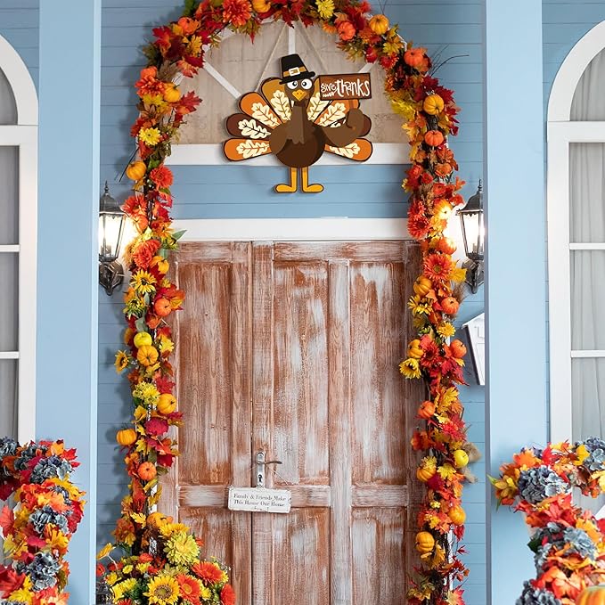 Jetec Happy Thanksgiving Turkey Door Sign Decor Wooden Turkey Sign Wall Art Hanging Rustic Plaque for Autumn Thanksgiving Day Front Door Home Decoration (Classic)