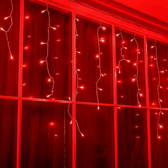 Hopolon 33FT 360L LED Icicle String Lights - Outdoor, Waterproof, 8 Modes, With 60 Drops - Curtain Lights for Indoor/Outdoor Decorations (Red)