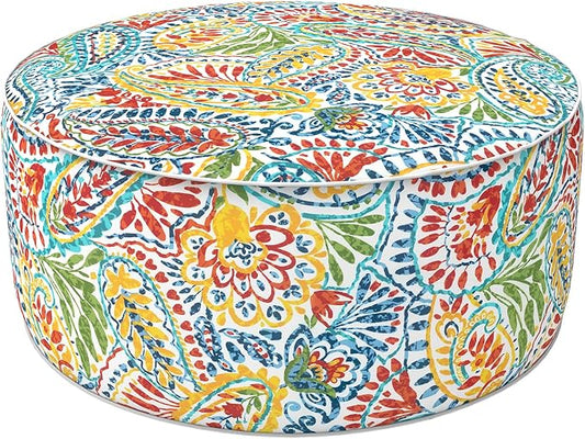 LVTXIII Indoor/Outdoor Inflatable Ottoman, D31 x H14 Inch Large Round Ottoman, All Weather Foot Rest Stool, Portable Footrest for Patio, Garden, Camping and Home - Paisley Multi