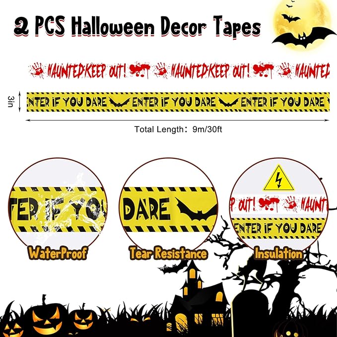Halloween Decorations, 5 Sheets Wall Decals-Bloody Handprint Stickers, 2 Pack Halloween Banners and 2 PCS Caution Tape Rolls 3inx30ft for Haunted Mansion, Outdoor, Indoor, Party Decor