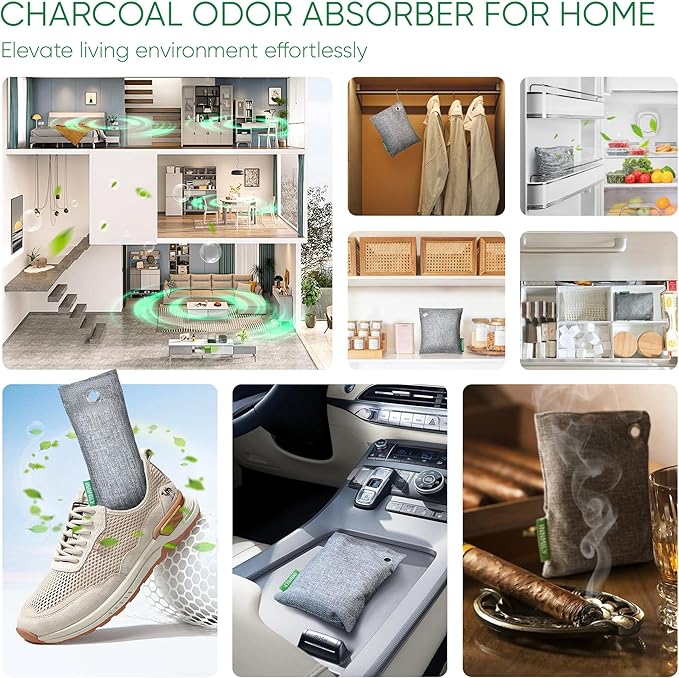 Activated Charcoal Odor Absorber, Odor Eliminator for Strong Odor,Bamboo Charcoal Air Purifying Bags for Home Car Closet Pet, Smoke Room Deodorizer (10 x 100g, Unscented)