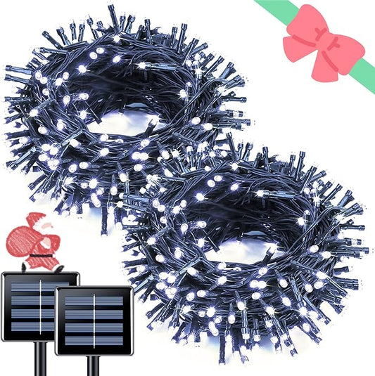 JMEXSUSS 2 Pack White Solar String Lights, Each 100 LED 33ft Green Wire Solar Lights Outdoor Waterproof for Outside Garden Wedding Party Decoration