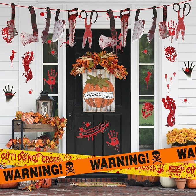 Halloween Decorations, 5 Sheets Wall Decals-Bloody Handprint Stickers, 2 Pack Halloween Banners and 2 PCS Caution Tape Rolls 3inx30ft for Indoor, Outdoor, Party Decor, Haunted Mansion