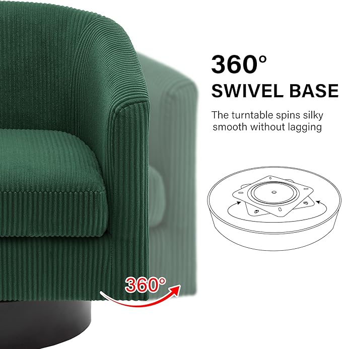 Swivel Barrel Accent Chair, Modern Round Corduroy Fabric Arm Chair for Living Room, Bedroom, Comfy Club Reading Chairs for Adults, Corduroy Dark Green