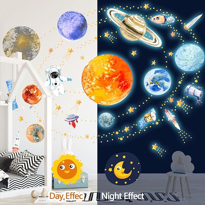Glow in The Dark Planets and Stars Wall Decals, Luminous Astronaut Galaxy Space Rockets Wall Stickers Space Ceiling Decor for Boys Girls Bedroom Kids Baby Nursery Living Room Decoration