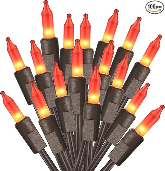 ODEETRONIC Orange Halloween Lights, 21.63ft 100 Count Orange Incandescent Lights Connectable, Plugin Outdoor Tree Light, Mini Indoor String Light for Room Party Haunted House Decor, Brown Wire