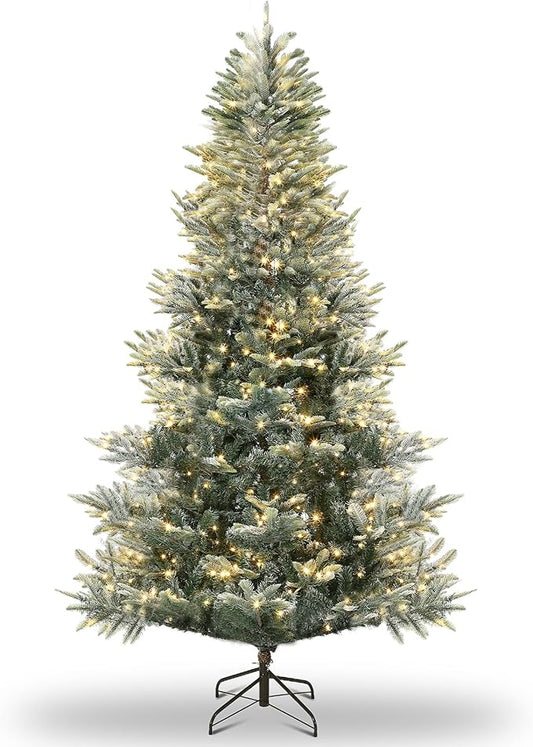 6.5ft Pre-lit Artificial Christmas Tree with Incandescent Warm White Lights, Snow Flocked Full Prelighted Xmas Tree Automatic Branch Tips, UL Listed Lights & Foldable Stand, Green & White