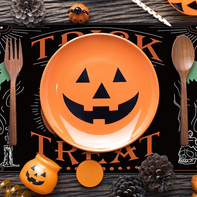 4Pcs Halloween Placemats Pumpkin Bat Black Cat Skeleton Table Mat Vintage Decorative Place Mats for Party Table Setting Decor, 12 x 18 Inch