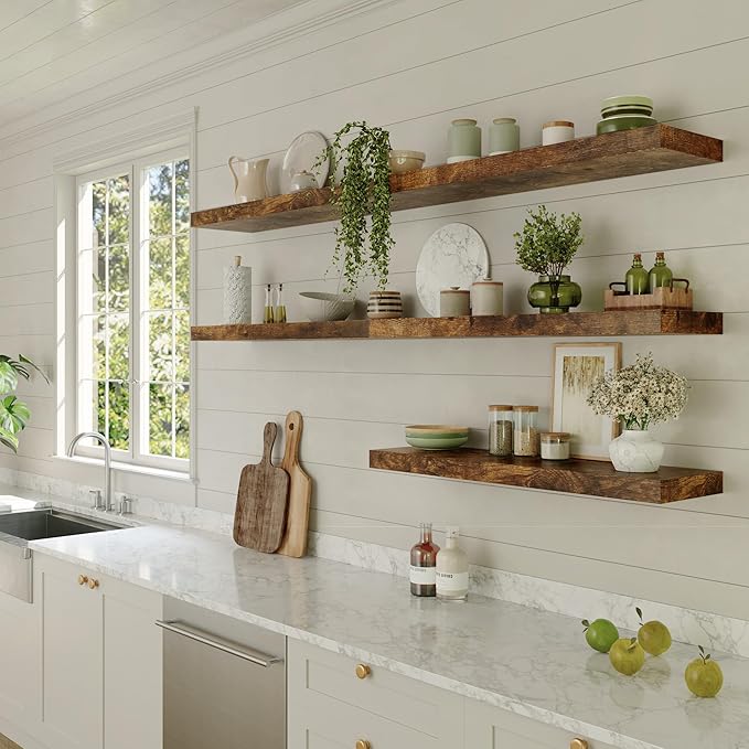 Large Floating Shelves for Wall Set of 3 Wooden Wall Shelves 36 in x 12.75 in x 2 in Room Decor Long Shelf with Invisible Wall Mount Bracket for Bedroom Kitchen Living Room Rustic Brown