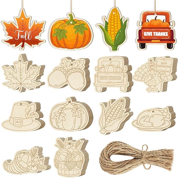 80PCS Wooden Thanksgiving Decoration Turkey Ornaments to Paint Happy Thanksgiving Cutouts Unfinished, DIY Blank Fall Unfinished Maple Leaf Corn Truck Pumpkin Ornament for Home Crafts Hanging