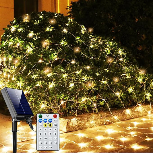 Solar Net Christmas Lights Warm White, 200 LED Net Lights Outdoor Mesh Lights, 19 Modes Solar Powered/USB String Lights for Garden, Yard, Bushes, Trunk, Halloween, Xmas Tree Decor