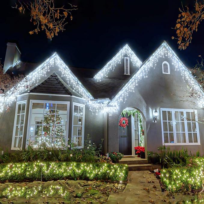 Icicle lights Outdoor - 33ft Christmas Lights with 400LED 75 Drops 8 Modes, Plug in Curtain String Lights Waterproof for Holiday Wedding Party Home Garden Bedroom Indoor Outdoor Decoration, Cool White