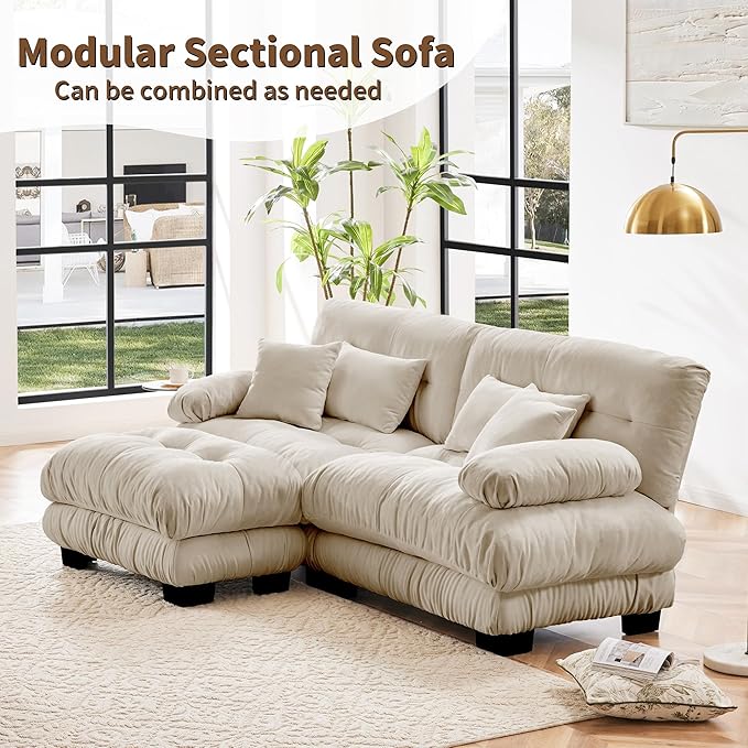 Modular Sectional Sofa, L Shaped Couch with Ottoman, 2 Seater Cloud Couch Small Couches for Small Spaces, Modern Deep Seat Sofa Living Room Oversized Loveseat W/Bolster Armrests 4 Pillows