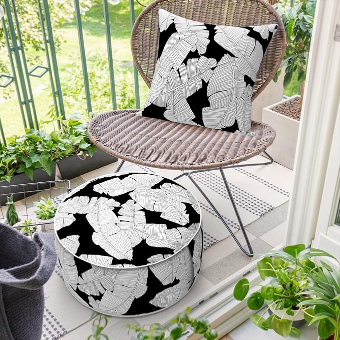 Inflatable Ottoman Stool D21 xH9 for Outdoor/Indoor Use, Water Repellent Patio Foot Rest Stool with Portable Handle,Round Pouf Ottoman Suitable for Garden,Deck and Camping - Black Leaves