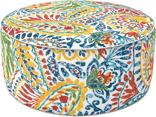 LVTXIII Indoor/Outdoor Inflatable Ottoman, All Weather Round Footrest Stool D21”x H9”, Portable for Patio Garden Camping or Home-Paisley Ummi Multi