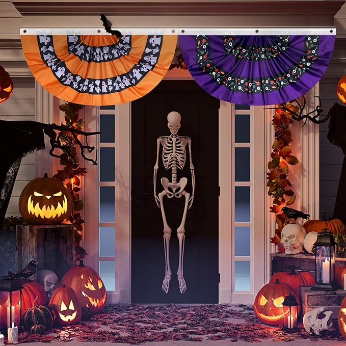 4 Pcs Halloween Bunting Flags for Outside 3 x 1.5 ft Pleated Half Fan Flag Hanging Banner Outdoor with 3 Grommet for Halloween Porch Garden Yard Holiday Indoor Home Decorations, Black Orange