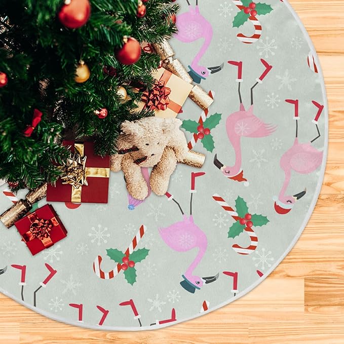 Christmas Flamingo Candy Tree Skirt, Seasonal Tree Mat Holiday Party Supplies Ornaments Indoor Outdoor Decorations for Tabletop Trees 35.4 Inches