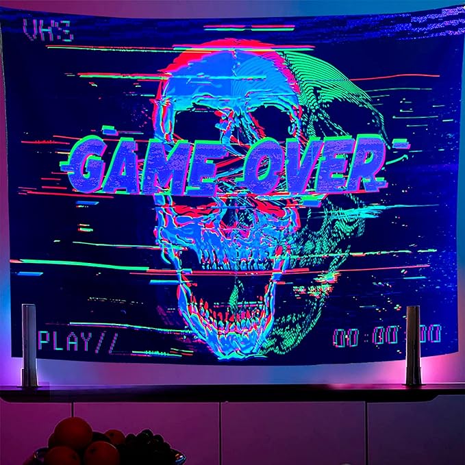OSVINO Blacklight Skeleton Tapestry 59"x51" GAME OVER UV Reactive Wall Hanging Neon Skull Hippie Posters for Halloween Eastern Backdrop Bedroom Dorm Living Room Decor