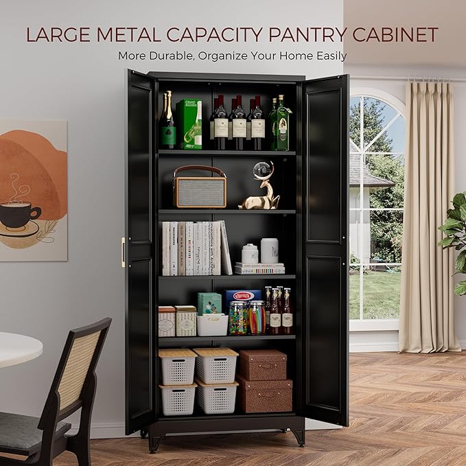 75" Kitchen Pantry Cabinet, Black Metal Storage Cabinets with 2 Doors and 4 Adjustable Shelves, Tall Pantry Storage Cabinet for Kitchen, Dining Room, Living Room