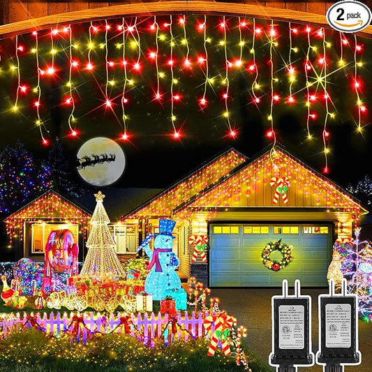 Heceltt Christmas Lights Outdoor, 2 Pack Total 98FT 960 LED Ice Lights for Outside with 180 Drops 8 Modes Timer Memory, Plug in Waterproof for Holiday Eaves Yard Roof Party Decor (Red and Warm White)