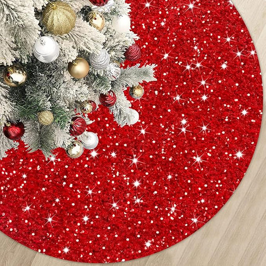 MODFUNS Sequin Christmas Tree Skirt Red Tree Skirt 46 Inch Sparkly Christmas Tree Skirt Thick Velvet Tree Mat Large Sequins Tree Skirts Collar Shimmer Tree Skirts for Christmas New Year Party