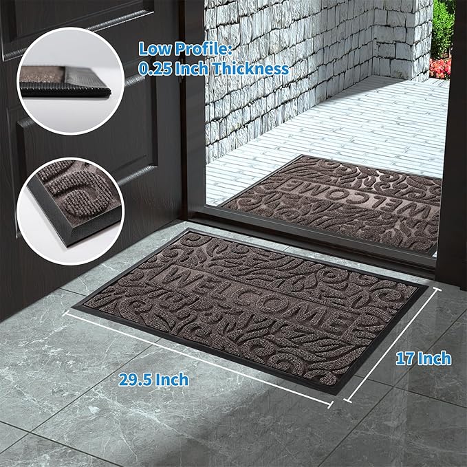 Yimobra Welcome Door Mat Outdoor Indoor, Non Slip Front Doormats, Heavy Duty Rubber Backing, Low-Profile Entrance Mat, Absorbent Resist Dirt, Easy Clean Patio Garage Floor Mats, 29.5 x 17, Brown