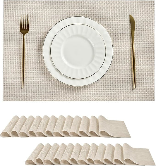 Leetaltree Beige White Placemats Set of 24 - Heat Resistant Non-Slip Place mats for Dining Table, Washable Durable PVC Vinyl Woven Table Mats（Beige White, 24）
