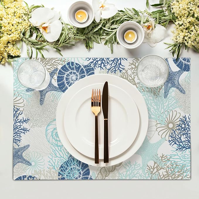Summer Ocean Placemats Set of 4 Nautical Coastal Blue Starfish Seashell Coral Washable Non-Slip Heat Resistant Place Mats 12x18 Inch Beach Theme Linen Table Mats for Home Kitchen Dining Party Decor